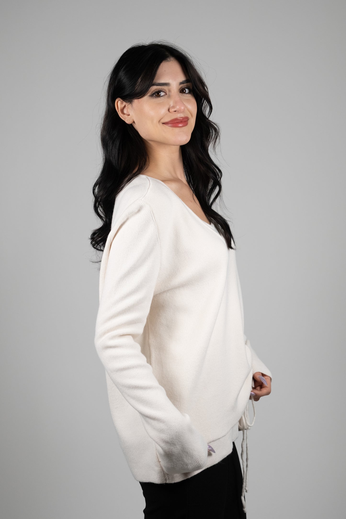 Krem Büzgü Detay Triko Kazak