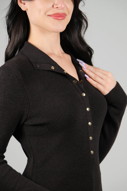 Çıtçıtlı Boğazlı Acı Kahve Kadın Triko Kazak