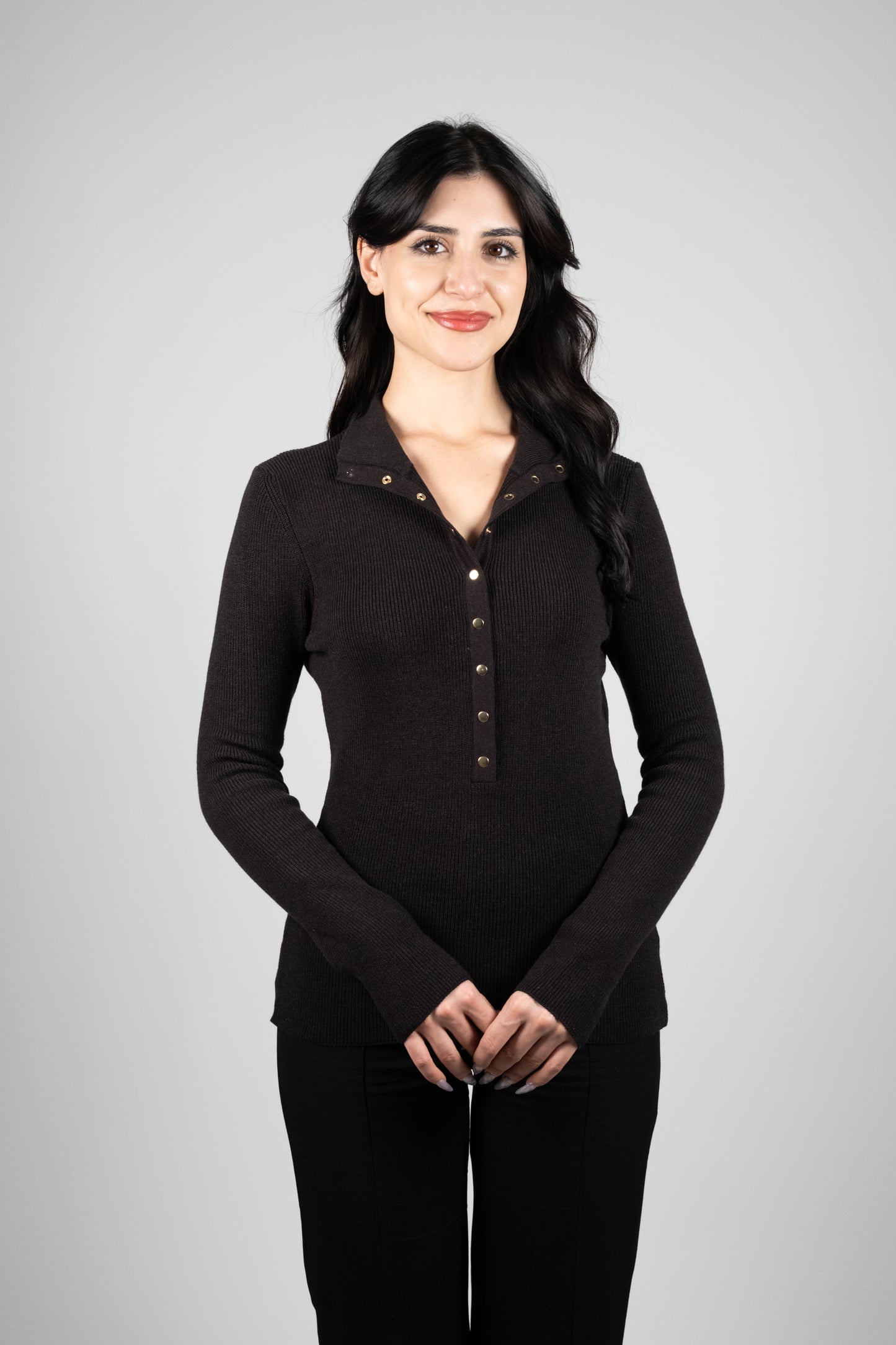 Çıtçıtlı Boğazlı Acı Kahve Kadın Triko Kazak