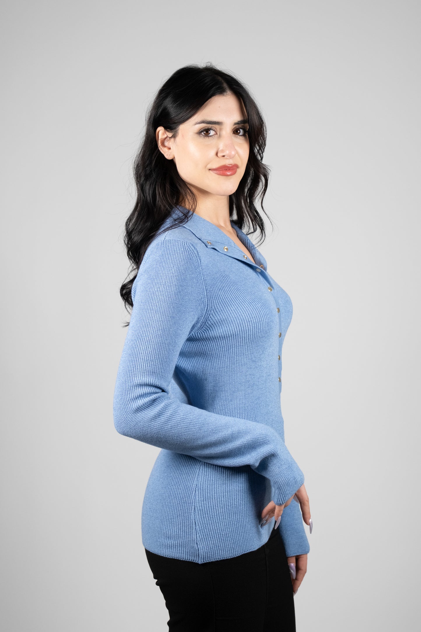 Çıtçıtlı Boğazlı Mavi Triko Kazak