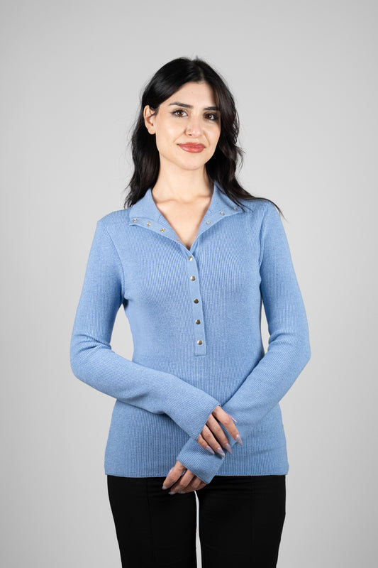 Çıtçıtlı Boğazlı Mavi Triko Kazak