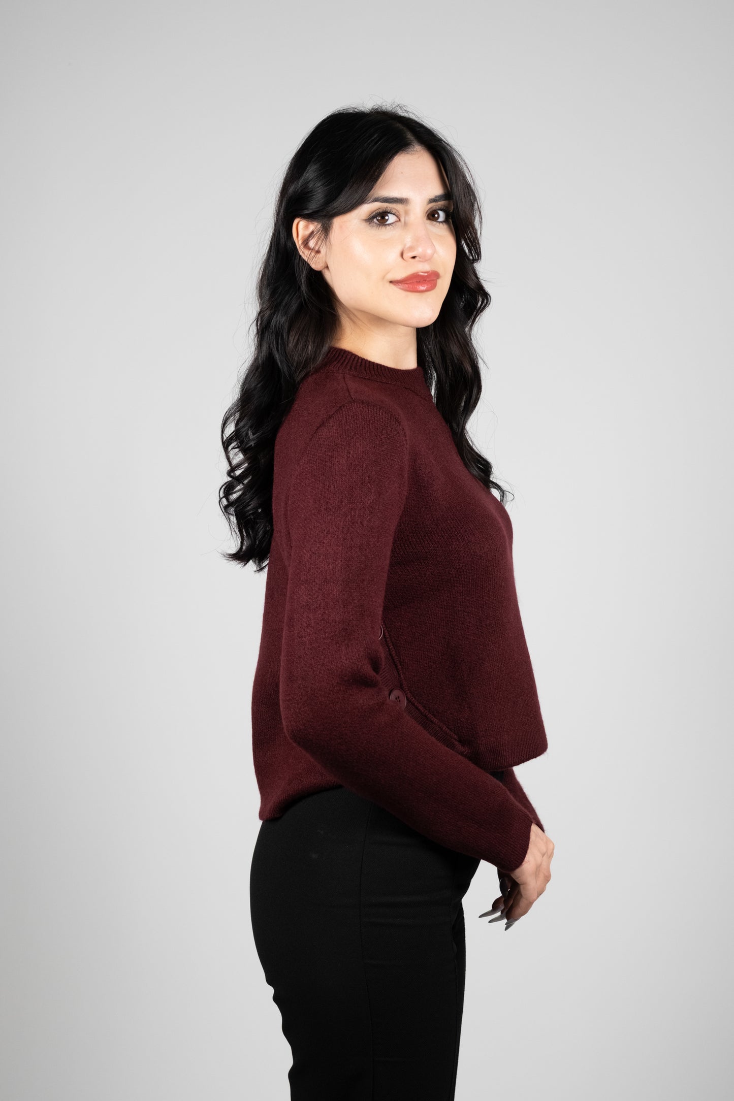 Belden Düğmeli Bordo Triko Kazak