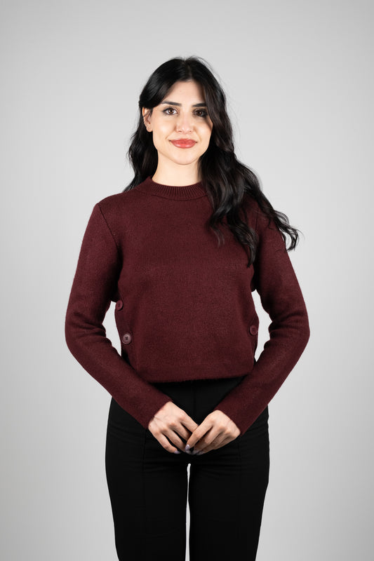 Belden Düğmeli Bordo Triko Kazak