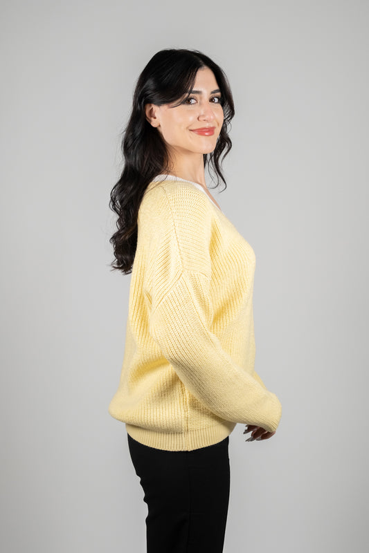 Krem Yaka Detaylı Sarı Triko