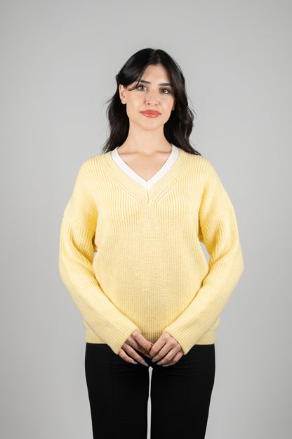 Krem Yaka Detaylı Sarı Triko