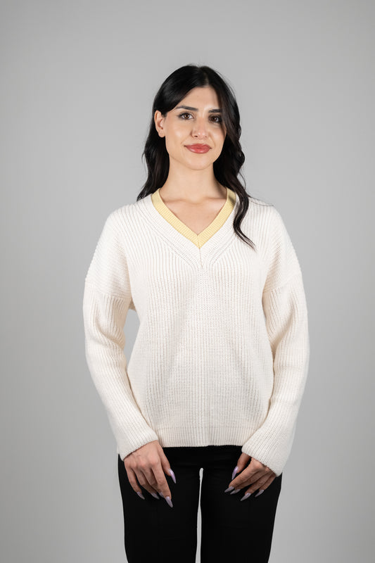 Sarı Yaka Detaylı Krem Kadın Triko Kazak
