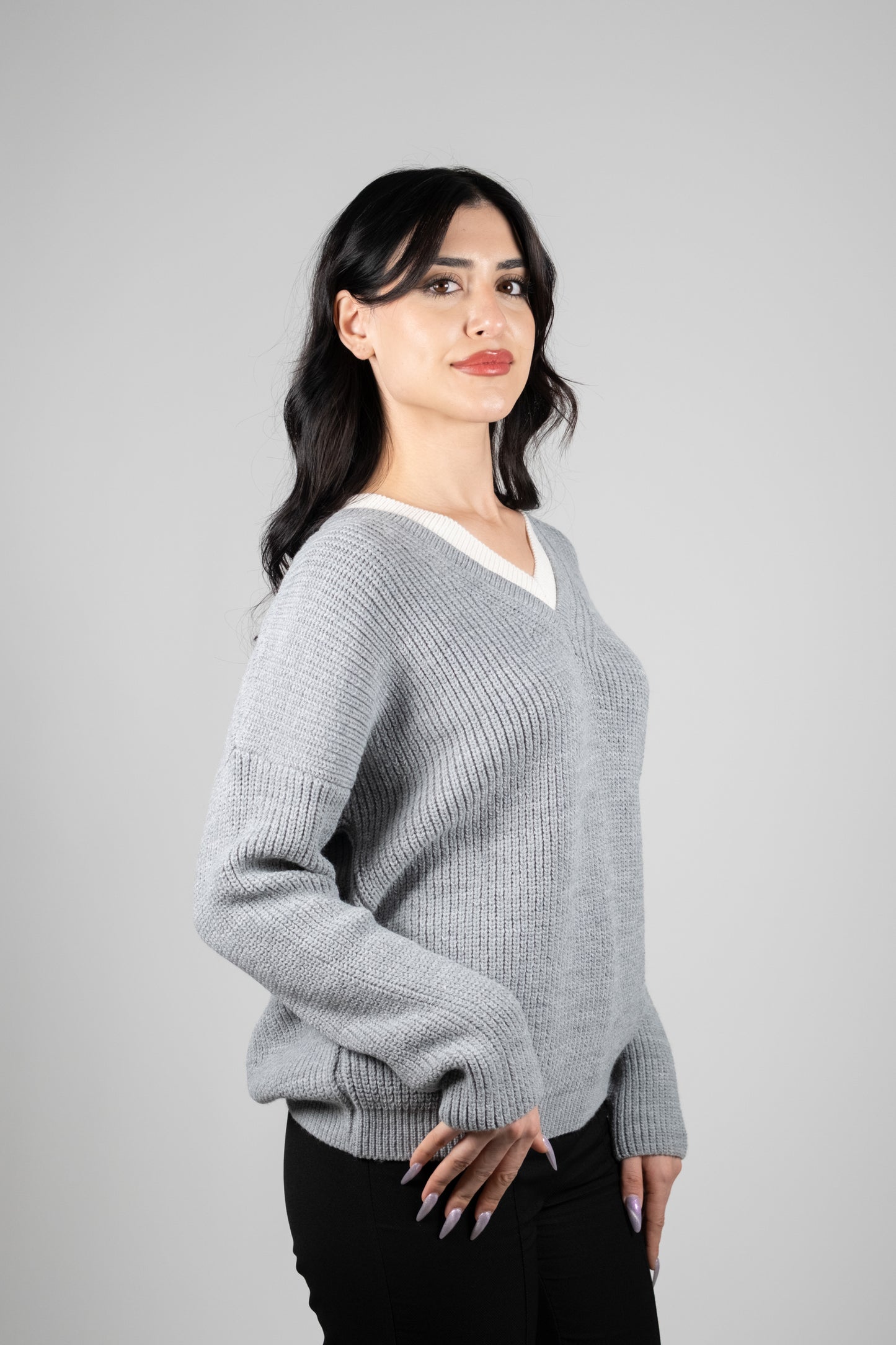 Gri Yaka Detay Triko Kazak