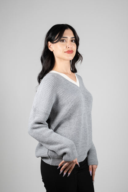 Gri Yaka Detay Triko Kazak